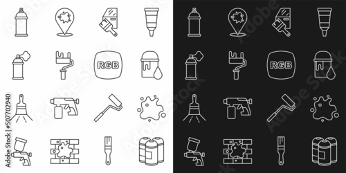 Set line Paint spray can, bucket, Car painting, roller brush, and RGB icon. Vector