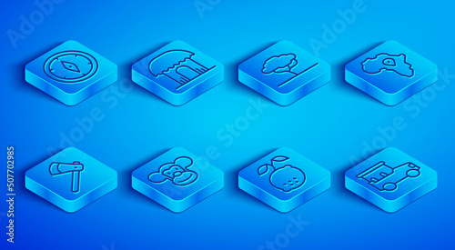 Set line Compass, African hut, tree, Monkey, Lemon, Map of, Wooden axe and Safari car icon. Vector