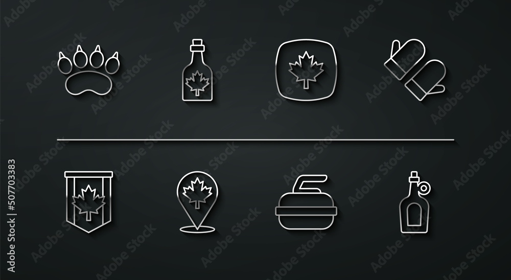 Set line Bear paw footprint, Pennant flag of Canada, Christmas mitten, Stone for curling, Canadian maple leaf, Bottle syrup, and icon. Vector Set line Bear paw footprint, Pennant flag of Canada, Christmas mitten, Stone for curling, Canadian maple leaf, Bottle syrup, and icon. Vector