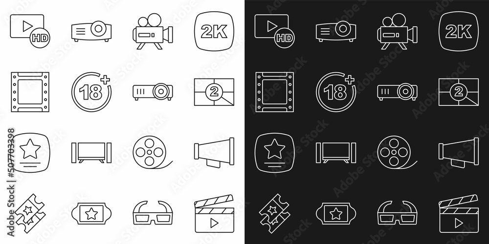Set line Movie clapper, Megaphone, Old film movie countdown frame, Retro cinema camera, Plus 18, Play video, Hd movie, tape, and Movie, film, media projector icon. Vector Set line Movie clapper, Megaphone, Old film movie countdown frame, Retro cinema camera, Plus 18, Play video, Hd movie, tape, and Movie, film, media projector icon. Vector