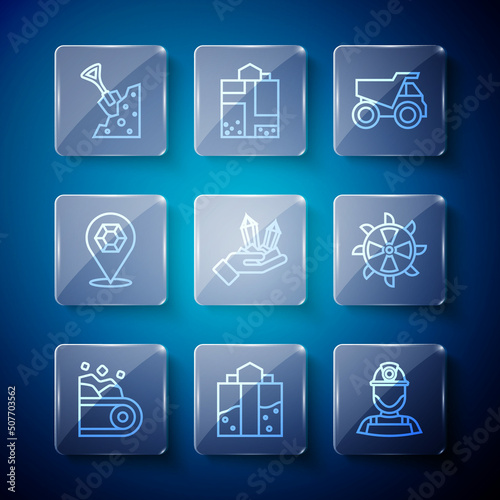 Set line Conveyor belt carrying coal, Mine entrance, Miner helmet, Mining dump truck, Gem stone, Shovel and and Bucket wheel excavator icon. Vector