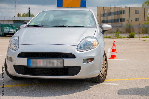 Driving school or test. Training parking. How to drive and park car between cones.