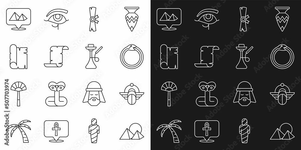 Set line Egypt pyramids, Egyptian Scarab, Magic symbol of Ouroboros, Papyrus scroll, and Hookah icon. Vector