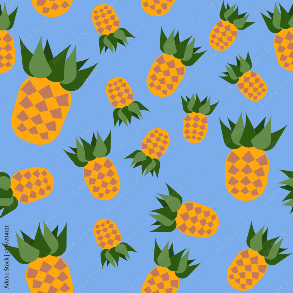 Seamless pattern with pineapples on blue background for summer mood. Suits for print, wallpaper, poster, card, banner or anything with colorful healthy atmosphere. Seamless pattern with pineapples on blue background for summer mood. Suits for print, wallpaper, poster, card, banner or anything with colorful healthy atmosphere.