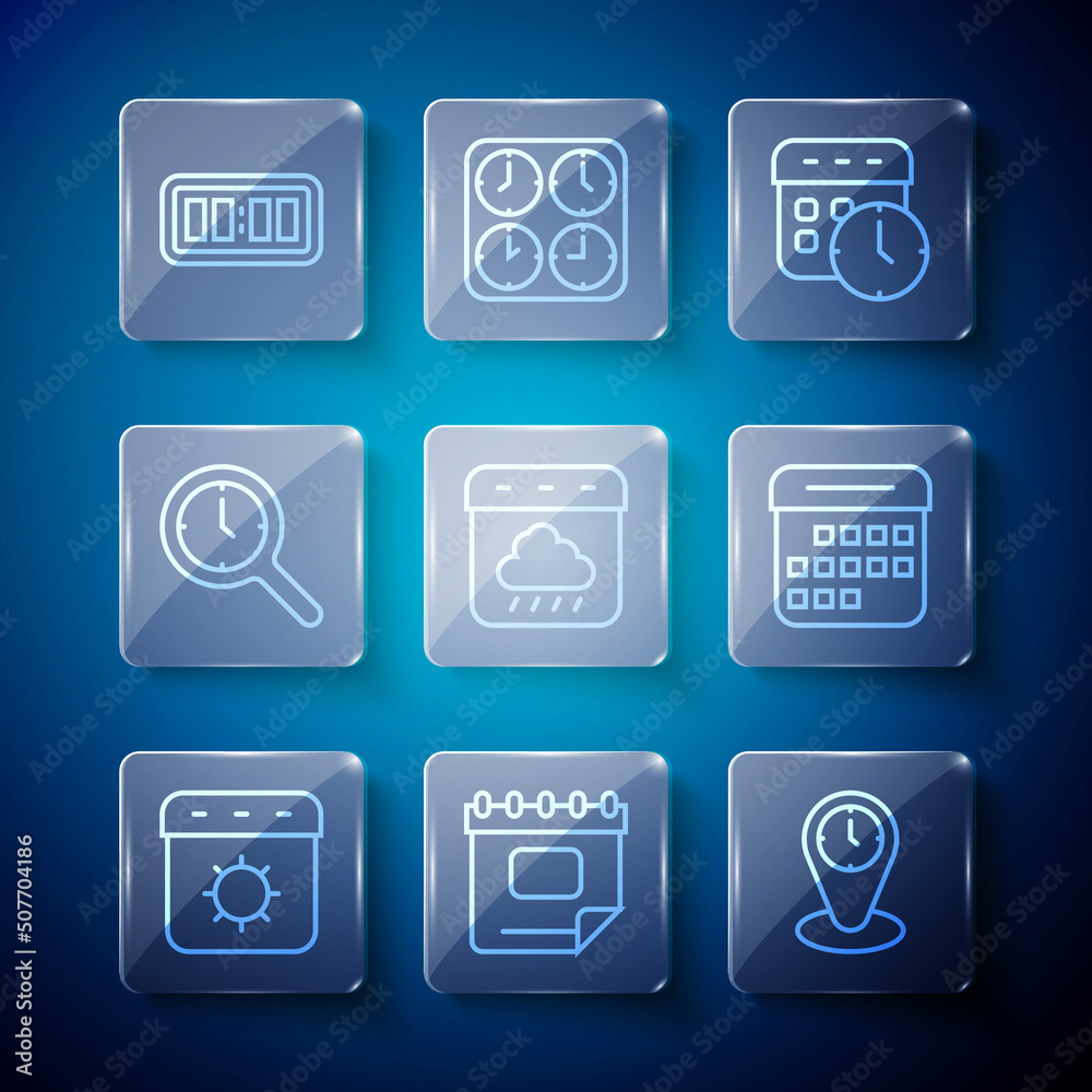 Set line Calendar summer, Time zone clocks, and, autumn, Magnifying glass with, Digital alarm and icon. Vector Set line Calendar summer, Time zone clocks, and, autumn, Magnifying glass with, Digital alarm and icon. Vector