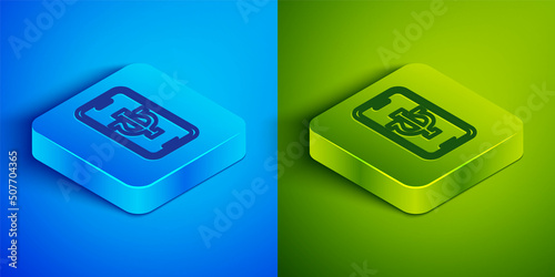 Isometric line Online psychological counseling distance icon isolated on blue and green background. Psychotherapy, psychological help, psychiatrist online consulting. Square button. Vector