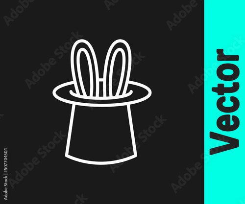 White line Magician hat and rabbit ears icon isolated on black background. Magic trick. Mystery entertainment concept. Vector