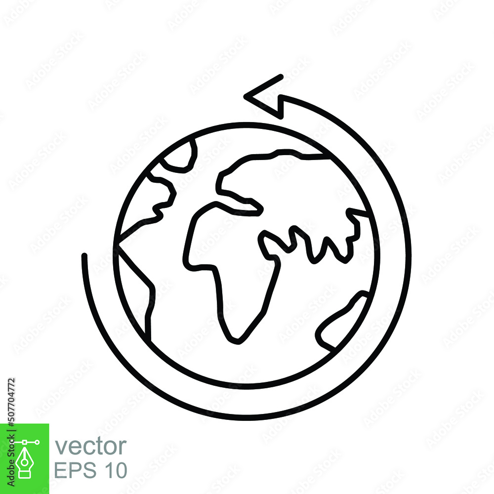 Earth globe icon. Simple outline style. Around planet with arrow. Thin line symbol. Vector illustration isolated on white background. EPS 10. Earth globe icon. Simple outline style. Around planet with arrow. Thin line symbol. Vector illustration isolated on white background. EPS 10.