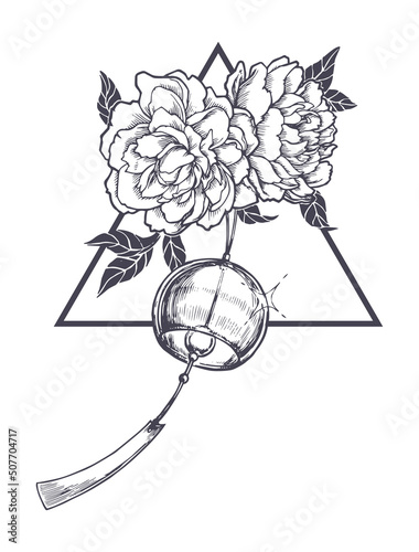 Vector hand drawn illustration with bell in flowers. Sketch with  Japanese symbols of summer for sticker or tattoo design. Furin with blooming peony isolated on white.