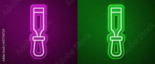 Glowing neon line Chisel tool for wood icon isolated on purple and green background. Vector