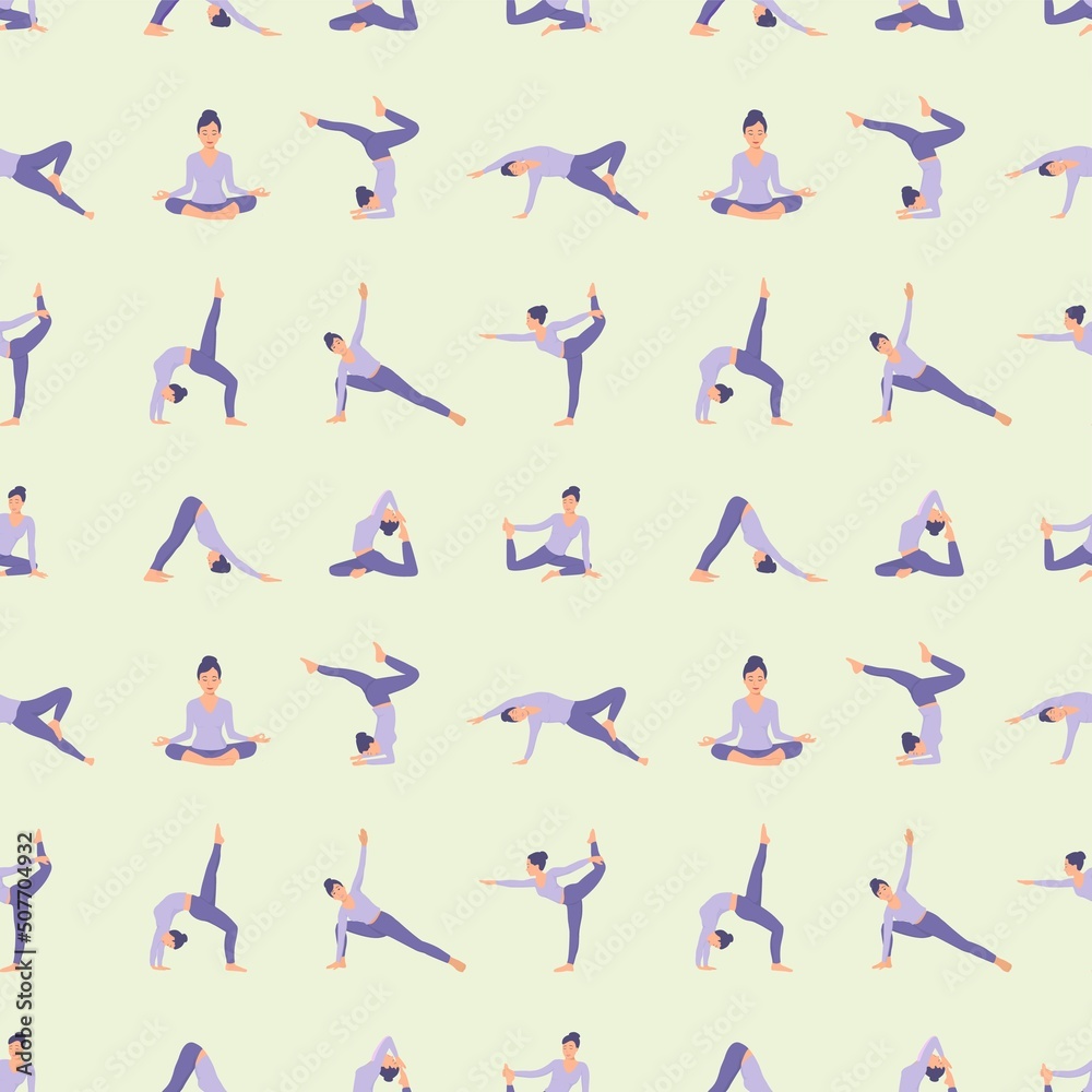 Vector seamless pattern of woman doing yoga. Set of yoga poses Cute yellow background. Vector seamless pattern of woman doing yoga. Set of yoga poses Cute yellow background.