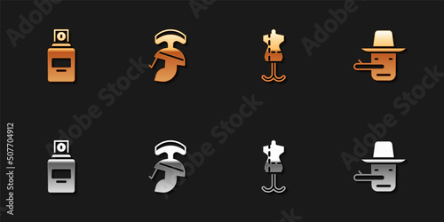 Set Perfume, Roman army helmet, Mannequin and Pinocchio icon. Vector