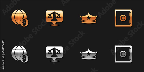 Set International law, Scales of justice, Police cap with cockade and Safe icon. Vector