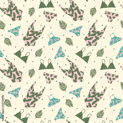 Background of summer clothes for the beach. Bikinis and swimwear with tropical leaves. A pattern in a circle of tropical foliage for textiles. Vector illustration