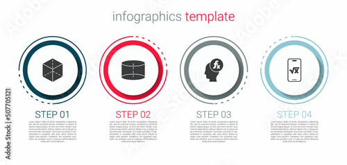 Set Geometric figure Cube, Cylinder, Function mathematical symbol and Square root of x glyph. Business infographic template. Vector