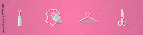Set paper cut Awl tool, Leather, Hanger wardrobe and Scissors icon. Paper art style. Vector