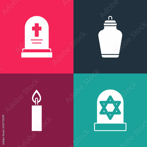 Set pop art Grave with star of david  Burning candle  Funeral and tombstone icon. Vector