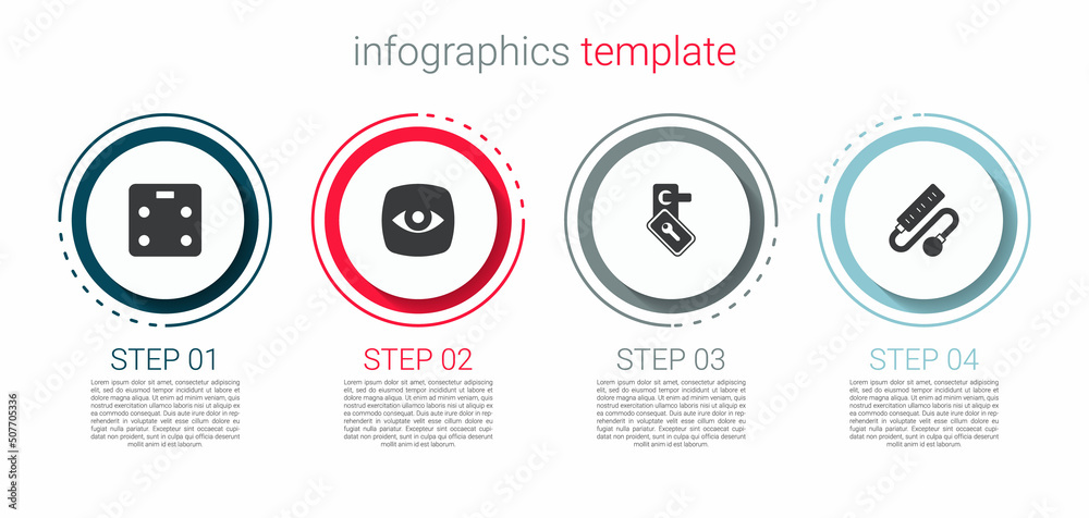 Fototapeta premium Set Smart bathroom scales, Security camera, Digital door lock and Electric extension cord. Business infographic template. Vector