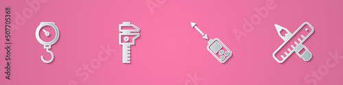 Set paper cut Hand scale spring mechanical, Calliper or caliper, Laser distance measurer and Crossed ruler pencil icon. Paper art style. Vector