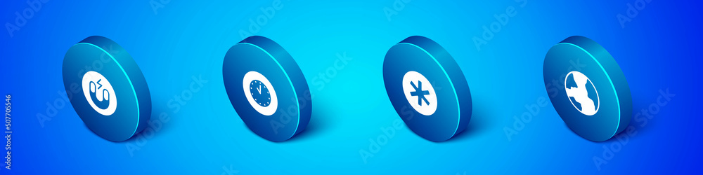 Set Isometric Magnet, Medical symbol of the Emergency, Worldwide and Clock icon. Vector Set Isometric Magnet, Medical symbol of the Emergency, Worldwide and Clock icon. Vector