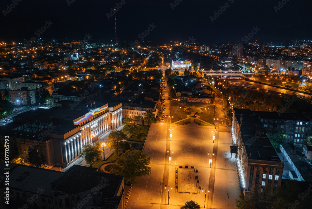 Vladikavkaz, capital of North Ossetia. Historical downtown from drone at night
