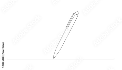 One continuous line drawing of pen writing thin stroke. Pencil symbol of study and education concept in simple linear style. Contour silhouette icon. Doodle vector illustration