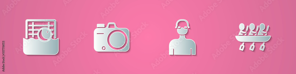 Set paper cut Water polo, Photo camera, Swimmer and Canoe rowing team sports icon. Paper art style. Vector Set paper cut Water polo, Photo camera, Swimmer and Canoe rowing team sports icon. Paper art style. Vector