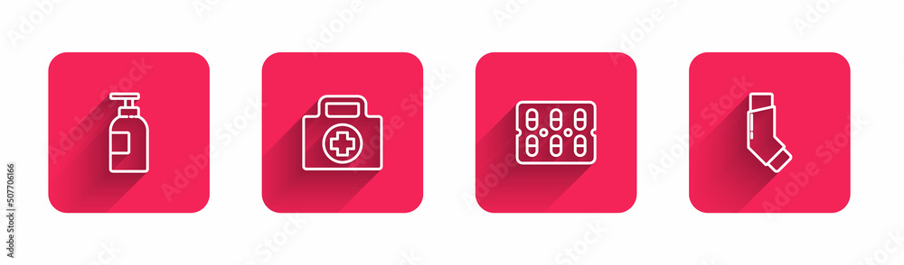 Set line Hand sanitizer bottle, First aid kit, Pills in blister pack and Inhaler with long shadow. Red square button. Vector Set line Hand sanitizer bottle, First aid kit, Pills in blister pack and Inhaler with long shadow. Red square button. Vector