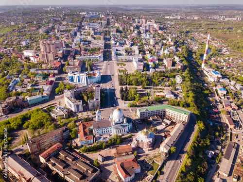 Aerial panoramic view of Kursk with Znamensky Cathedral on territory of Znamensky Bogoroditsky Monastery, Russia.. photo