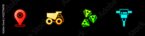 Set Gem stone, Mining dump truck, and Construction jackhammer icon. Vector