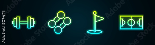 Set line Dumbbell, , Golf flag and Football or soccer field. Glowing neon icon. Vector