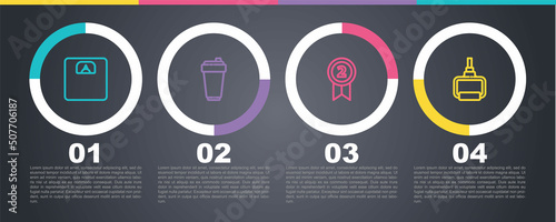 Set line Bathroom scales, Fitness shaker, Medal and TPX loop training equipment. Business infographic template. Vector