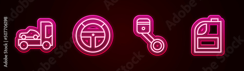 Set line Car transporter truck, Steering wheel, Engine piston and Canister for motor machine oil. Glowing neon icon. Vector