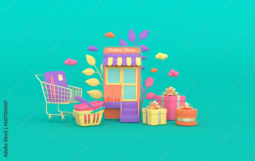 Illustration of shopping cart, basket, present box, credit card, clouds, smartphone.  Online shopping concept. 3d render
