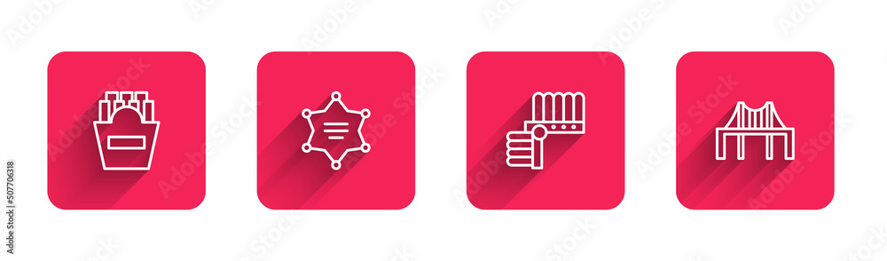 Set line Potatoes french fries in box, Hexagram sheriff, Indian headdress with feathers and Golden gate bridge with long shadow. Red square button. Vector Set line Potatoes french fries in box, Hexagram sheriff, Indian headdress with feathers and Golden gate bridge with long shadow. Red square button. Vector