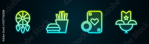Set line Dream catcher with feathers, Burger and french fries, Casino chip playing cards and Western cowboy hat. Glowing neon icon. Vector