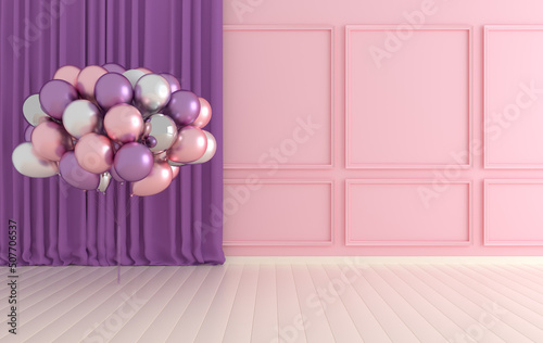 Interior walls with bunch of balloons and curtains. Walls with ornated mouldings panels and wooden floor, classic cornice. 3d rendering interior mock up. Pink and purple colors