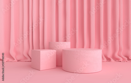 3d rendered interior with geometric shapes  podium on the floor  curtains. Platforms for product presentation  mock up background.