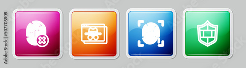 Set line Cancelled fingerprint, Browser incognito window, Fingerprint and Shield with brick wall. Colorful square button. Vector