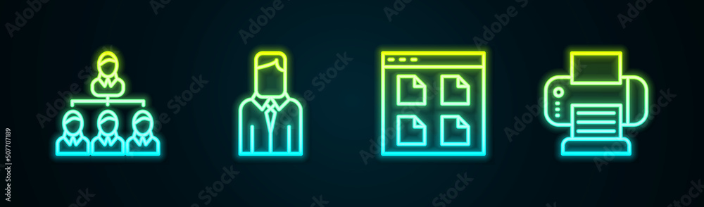Set line Hierarchy organogram chart, Worker, Browser files and Printer. Glowing neon icon. Vector Set line Hierarchy organogram chart, Worker, Browser files and Printer. Glowing neon icon. Vector
