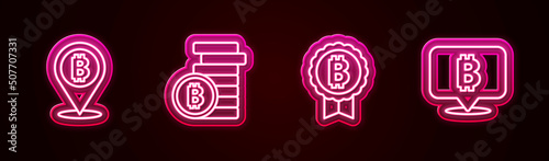 Set line Bitcoin, , and . Glowing neon icon. Vector