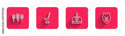 Set line Wheat, Ice hockey stick and puck, King crown and Bear head with long shadow. Red square button. Vector