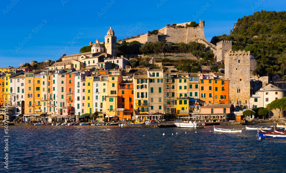 Colorful Portovenere on coastline of La Spezia in Italy outdoors.