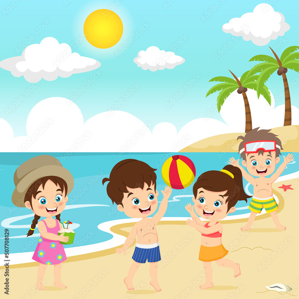 Children playing beach ball at tropical beach Children playing beach ball at tropical beach