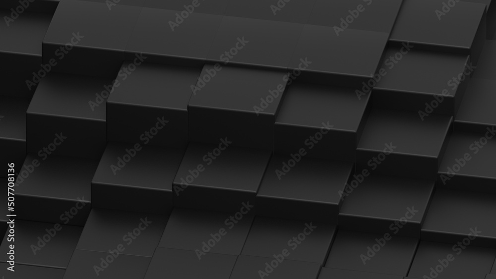 Naklejka premium Abstract background with waves made of a lot of black cubes geometry primitive forms that goes up and down under black-white lighting. 3D illustration. 3D CG. High resolution.