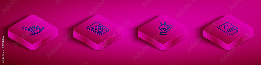 Set Isometric line Rocking chair, False jaw glass, Yarn ball with knitting needles and Medical prescription icon. Vector Set Isometric line Rocking chair, False jaw glass, Yarn ball with knitting needles and Medical prescription icon. Vector