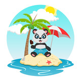 Cute panda cartoon at tropical beach