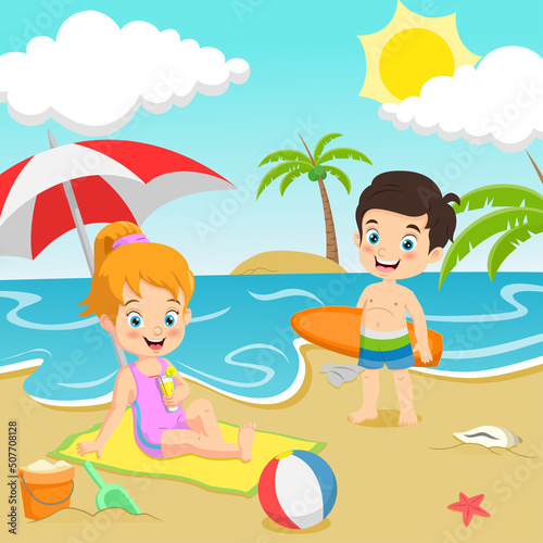 Cartoon children at tropical beach