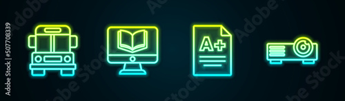 Set line School Bus, Online class, Exam sheet with A plus grade and Movie, film, media projector. Glowing neon icon. Vector