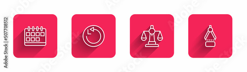 Set line Calendar, Radius, Scales of justice and Drawing compass with long shadow. Red square button. Vector